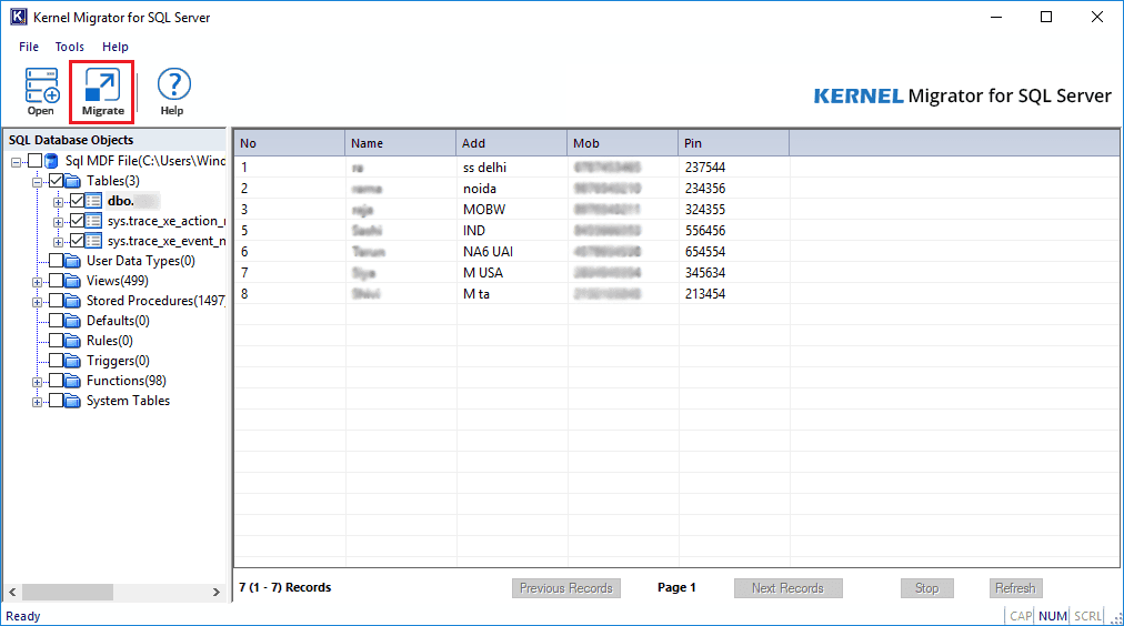 Preview of the recovered MDF database file