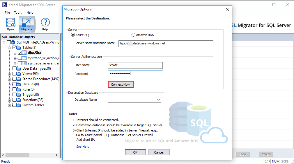 Connect the destination SQL Server