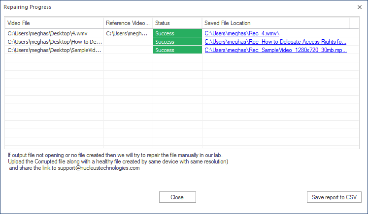 Successful repair of the corrupted video files