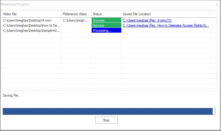 Progress of the video files