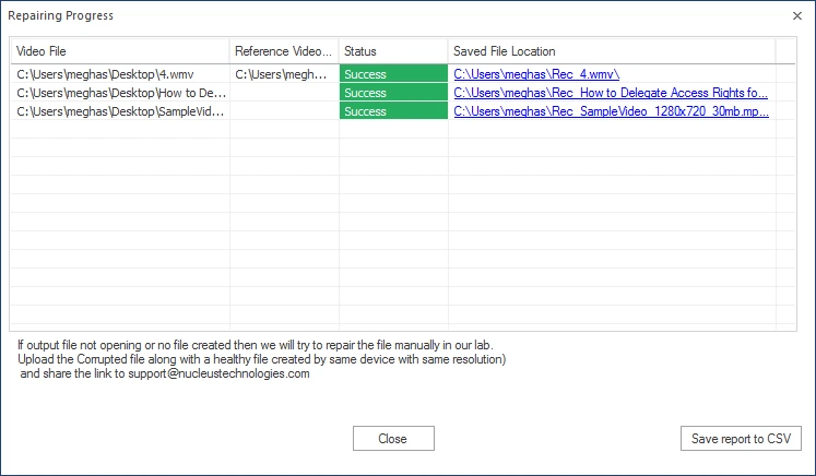 Successful repair of the corrupted video files