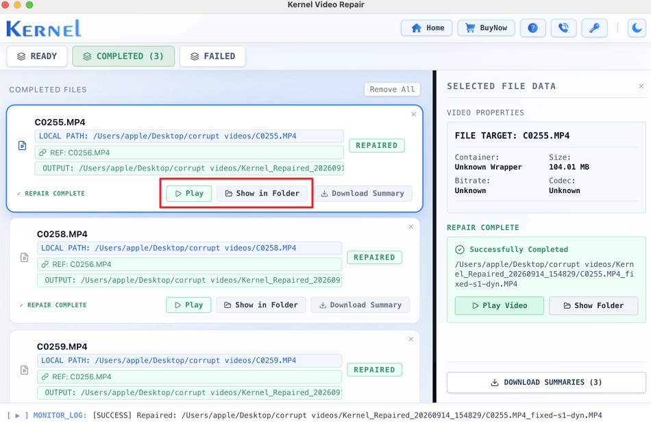Select corrupt video file