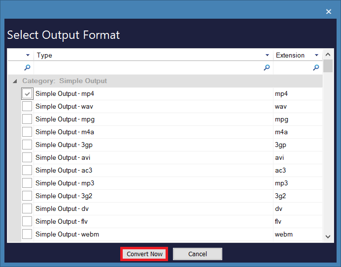 Select the format for the new videos