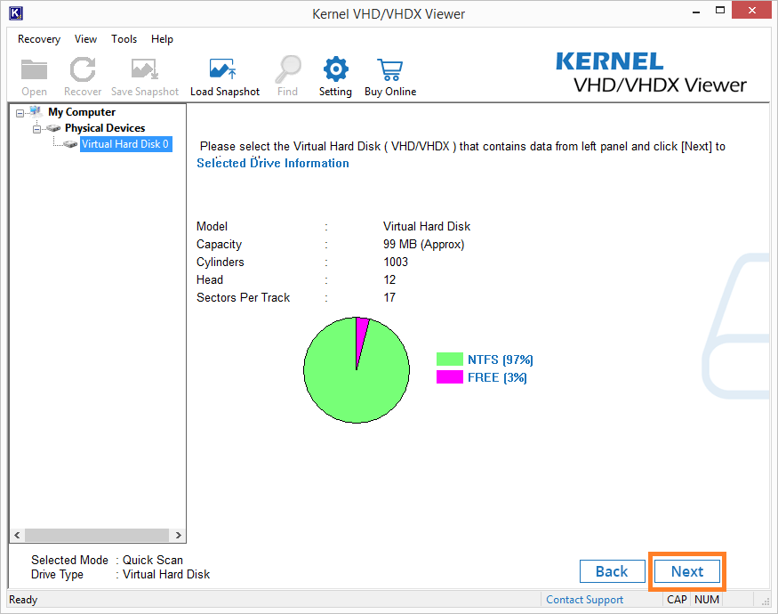 Detailed information of the selected VHD file