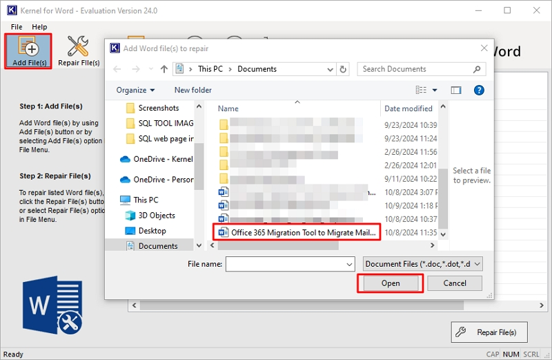 Addition of corrupt .doc/.docx file for Word file recovery