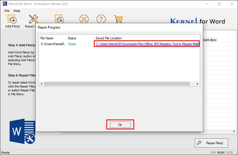 Successful completion of Word recovery process