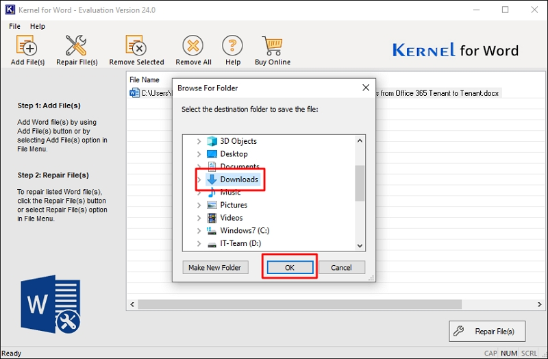 Selection of destination to save the repaired .doc/.docx files.