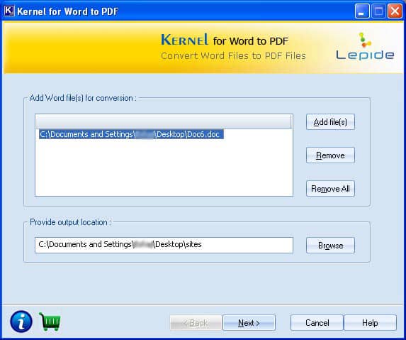 Window showing the Word file (.doc) to be converted into PDF