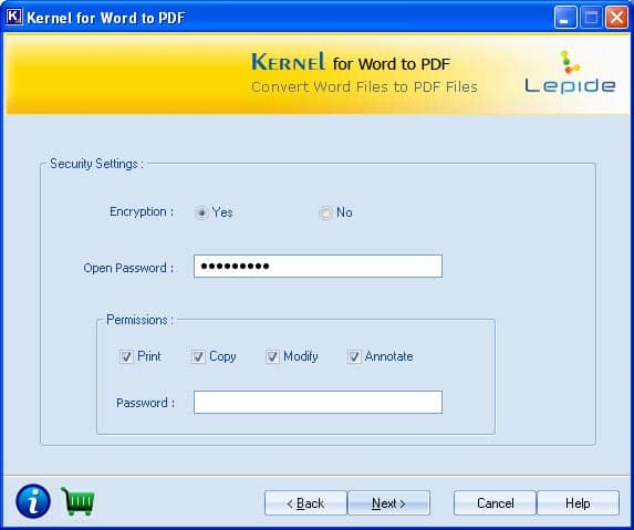 Screenshot showing security settings for new PDF file