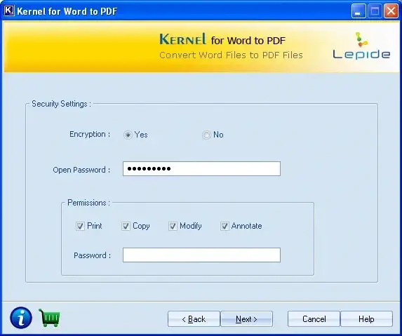 Screenshot showing security settings for new PDF file