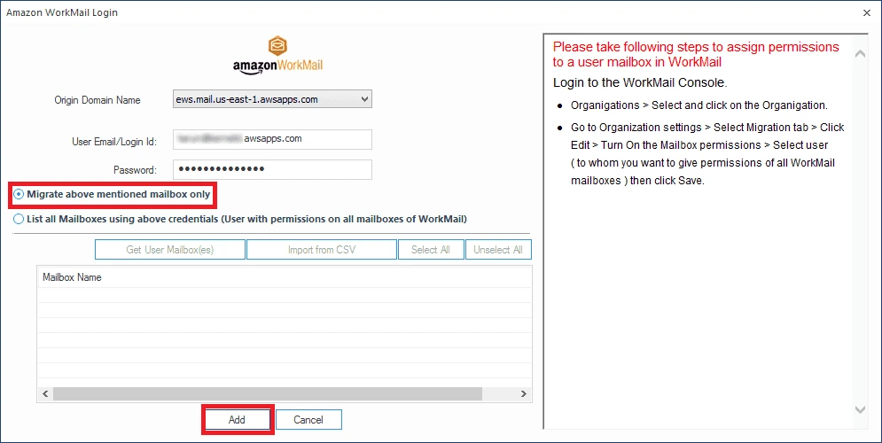 Adding Amazon WorkMail account as Source