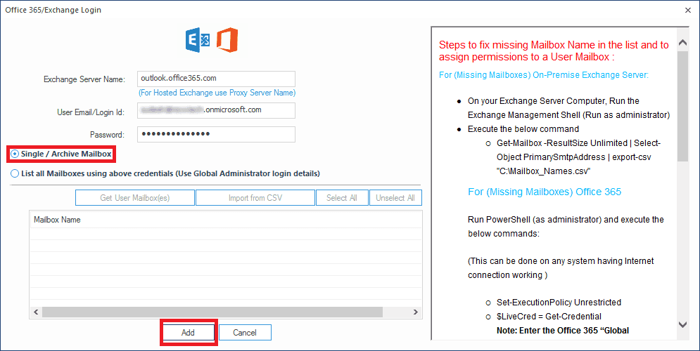 Adding Office 365/Exchange account mailbox as Destination