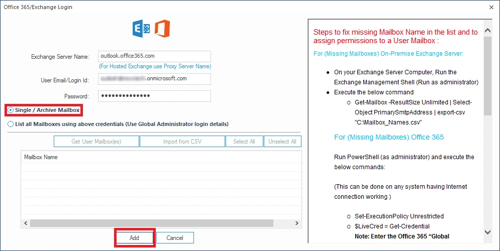 Adding Office 365/Exchange account mailbox as Destination