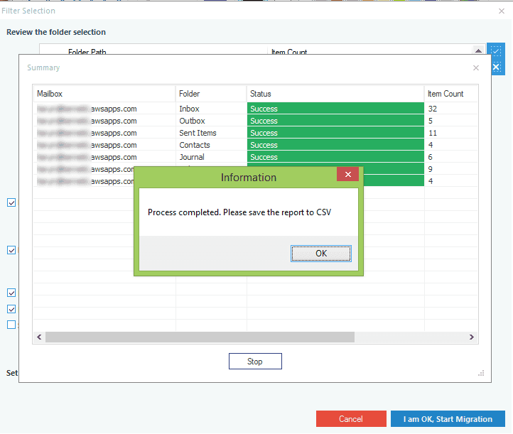 Process completion report for migration