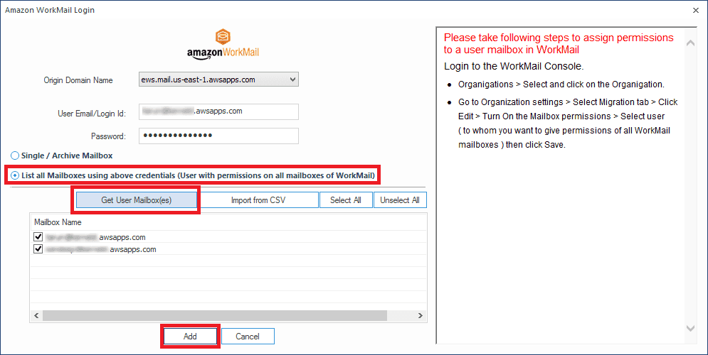 Adding multiple WorkMail mailboxes as Source