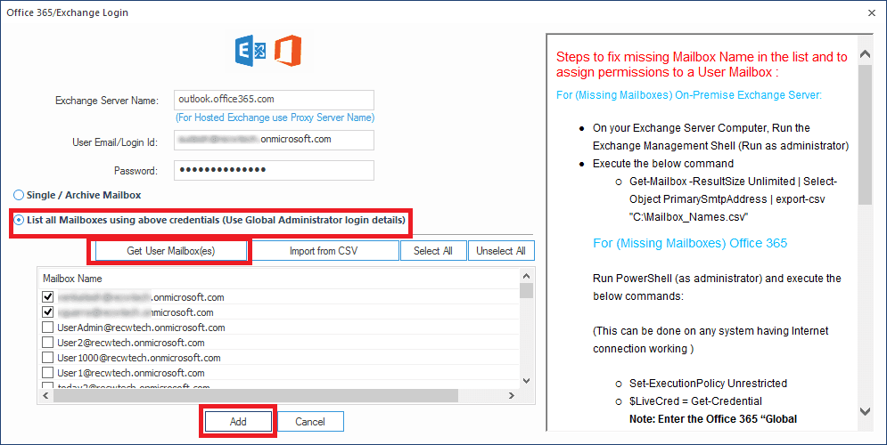 Adding multiple Office mailboxes as Destination