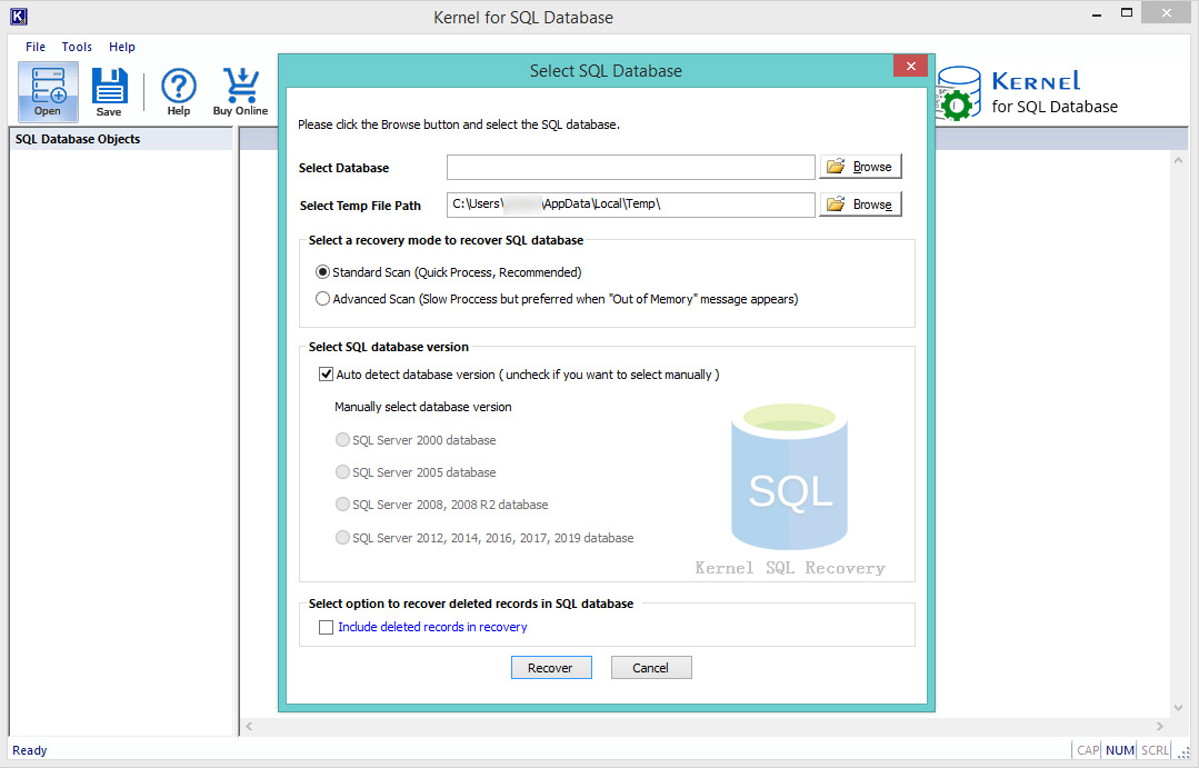 Home Screen of Kernel SQL Database Recovery