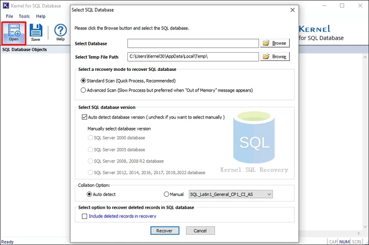 Home Screen of Kernel SQL Database Recovery
