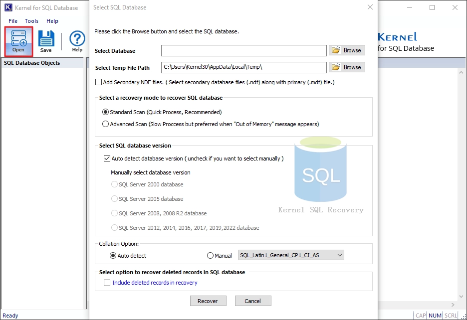 Home Screen of Kernel SQL Database Recovery