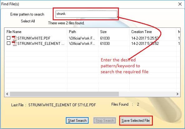 Find File(s)-optie om specifieke type bestanden te zoeken door een specifieke bestandsnaam of patroon in te voeren