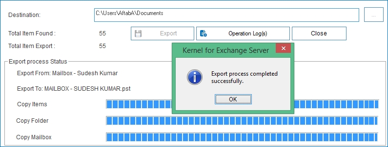 Successful mailbox export.