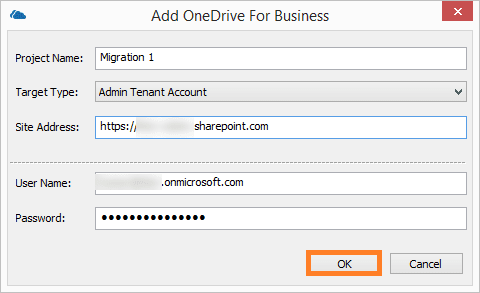 Click OK. It will add the OneDrive for Business account as the destination
