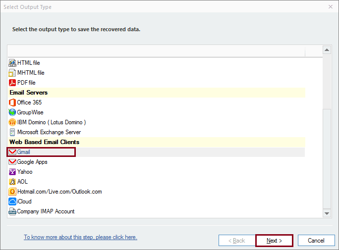 Select Gmail as Output type