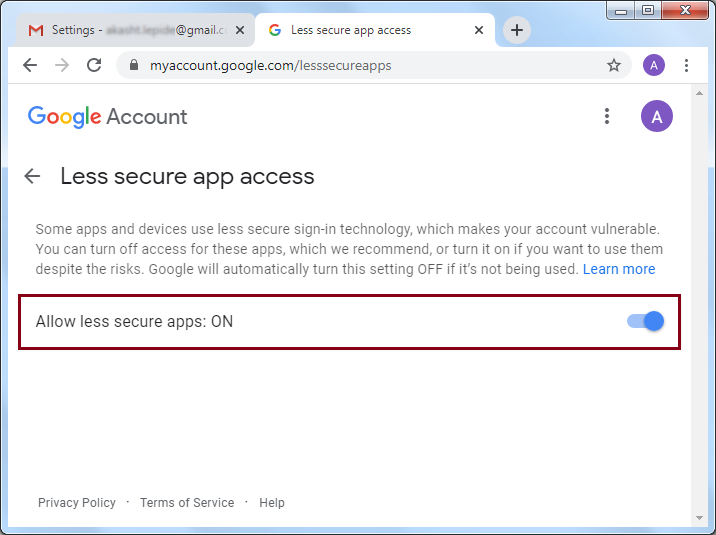 Turn On option for less secure apps