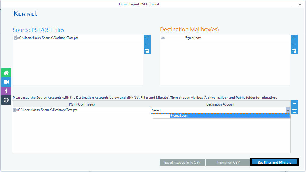 Map the added Gmail account against source PST File