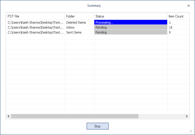 Progress of the PST data migration to Gmail account started