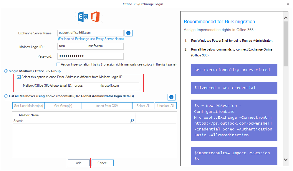 Enter the details for Office 365 account