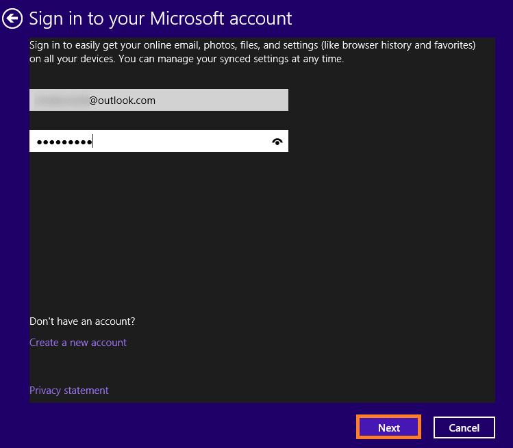 Add your Microsoft account login credentials and click on Next