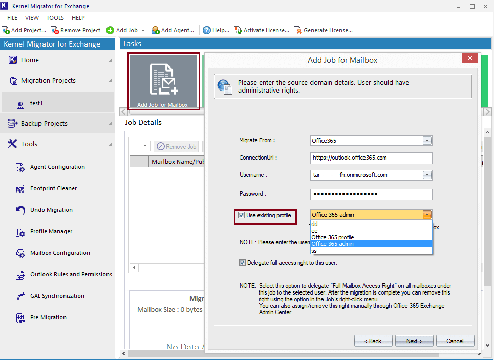 add Office 365 as a source or destination using an existing Outlook profile