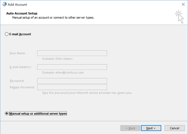 Select Manual setup or additional server types option and click Next