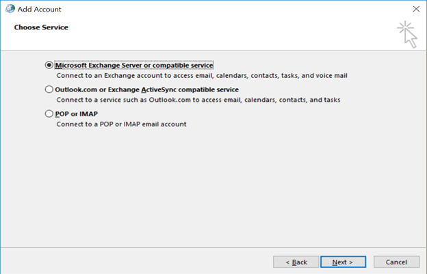 Now select Microsoft Exchange Server or compatible service and click Next