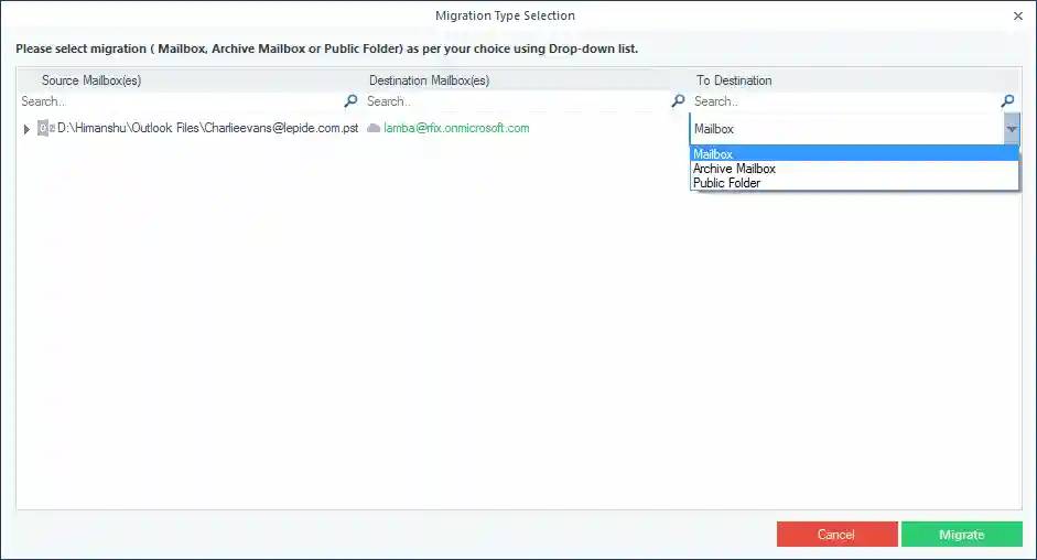 select the destination