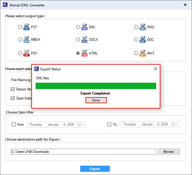EML to HTML conversion is completed