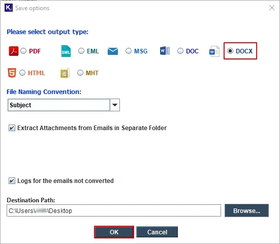 Browse and select a specific folder to save the output Word document 
