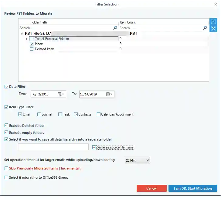 specific filters to the PST file 