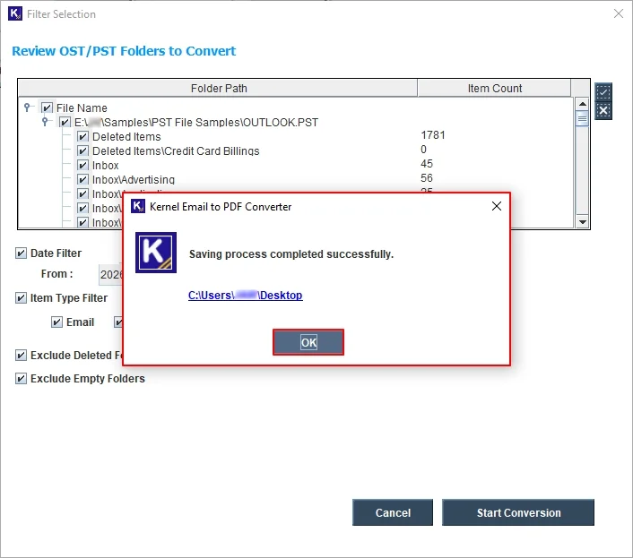 Saving process completed successfully