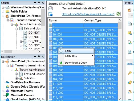 SharePoint is in the destination pane