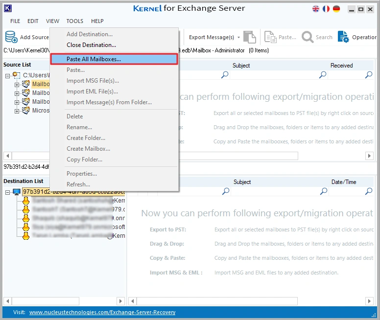 paste mailboxes in destination