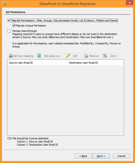 Mark the checkbox Migrate Permissions to migrate data