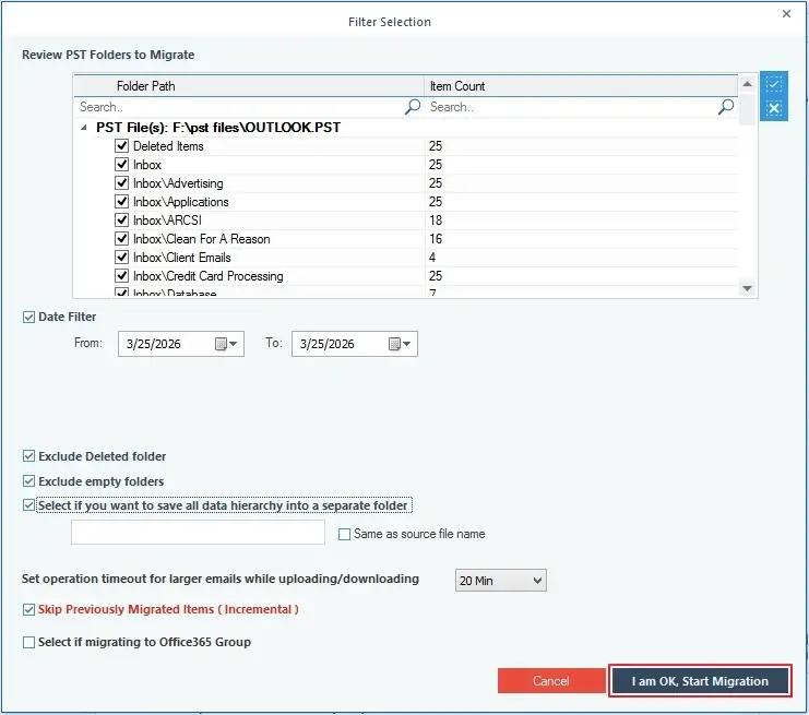 Apply desired filters then click on I am OK Start Migration option.