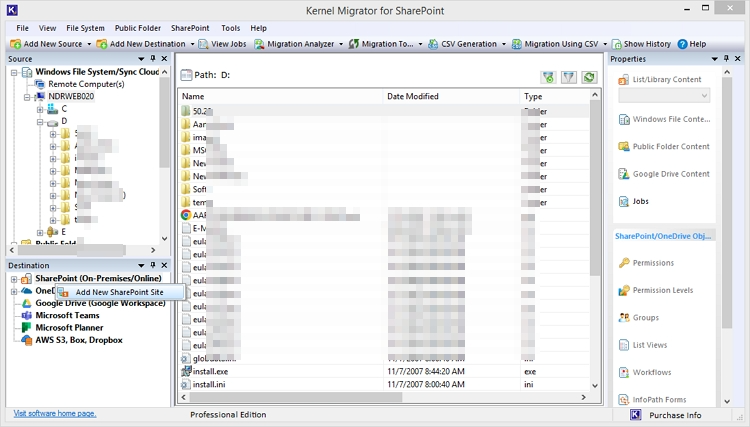 Go to the Destination pane and select Add SharePoint Site