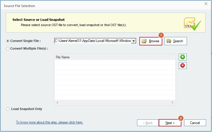 click browse then add ost file