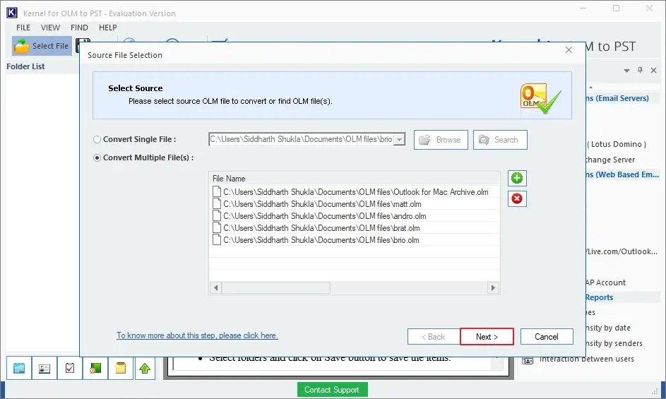 After adding OLM files click next
