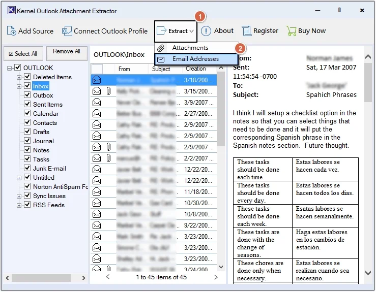 Click Extract Email Addresses