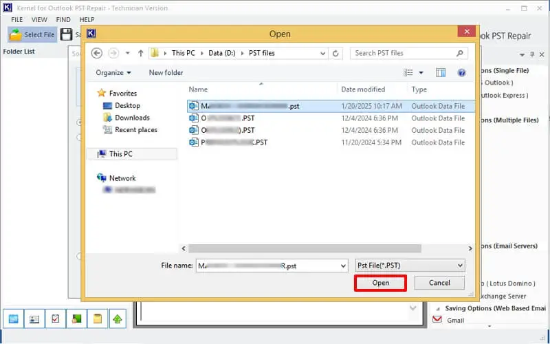 Select PST file