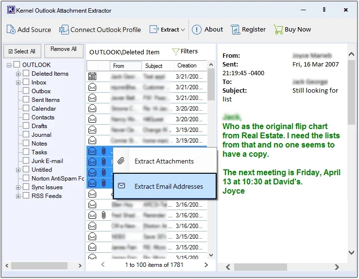extract email addresses from selective emails
